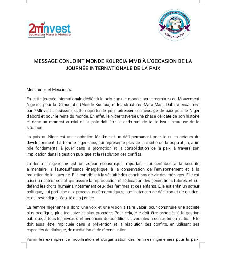 YacReki's tweet photo. #2MINVEST
#MondeKourcia
#MataMasuDubara
Notre Message à l'occasion de la journée Internationale de la Paix. https://t.co/A3XGapXQ5Y