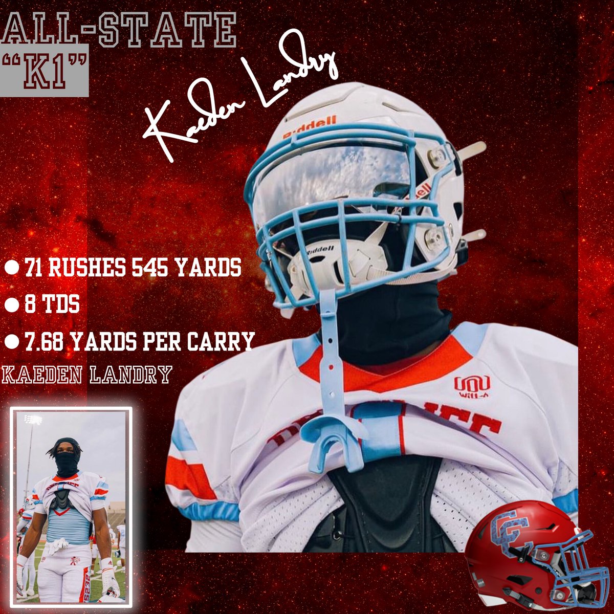 User: <a href="/KaedenLandry/">Kaeden “K1” Landry</a> 

Pos: RB

Grad Year: 2024

Coming off of an All-State Season, already in All-State form. He’s looking to break school records that he already owns. 

Recruit the M.⚡️.B 

hudl.com/v/2LgyUc