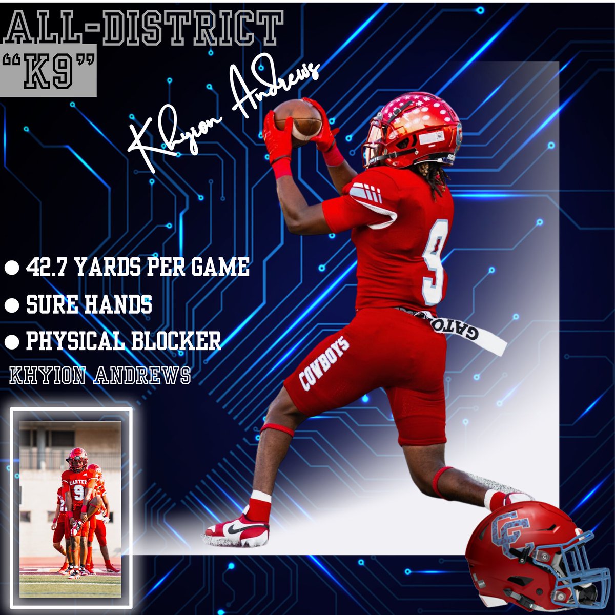User: <a href="/KhyionA/">Khyion “K9” Andrews</a> 

Pos: WR

Grad Year: 2024

After having an impactful 22’ campaign, Khyion is looking to add more to the offense. Able to get behind ANY coverage. 

Recruit the M.⚡️.B

hudl.com/v/2LjPaE