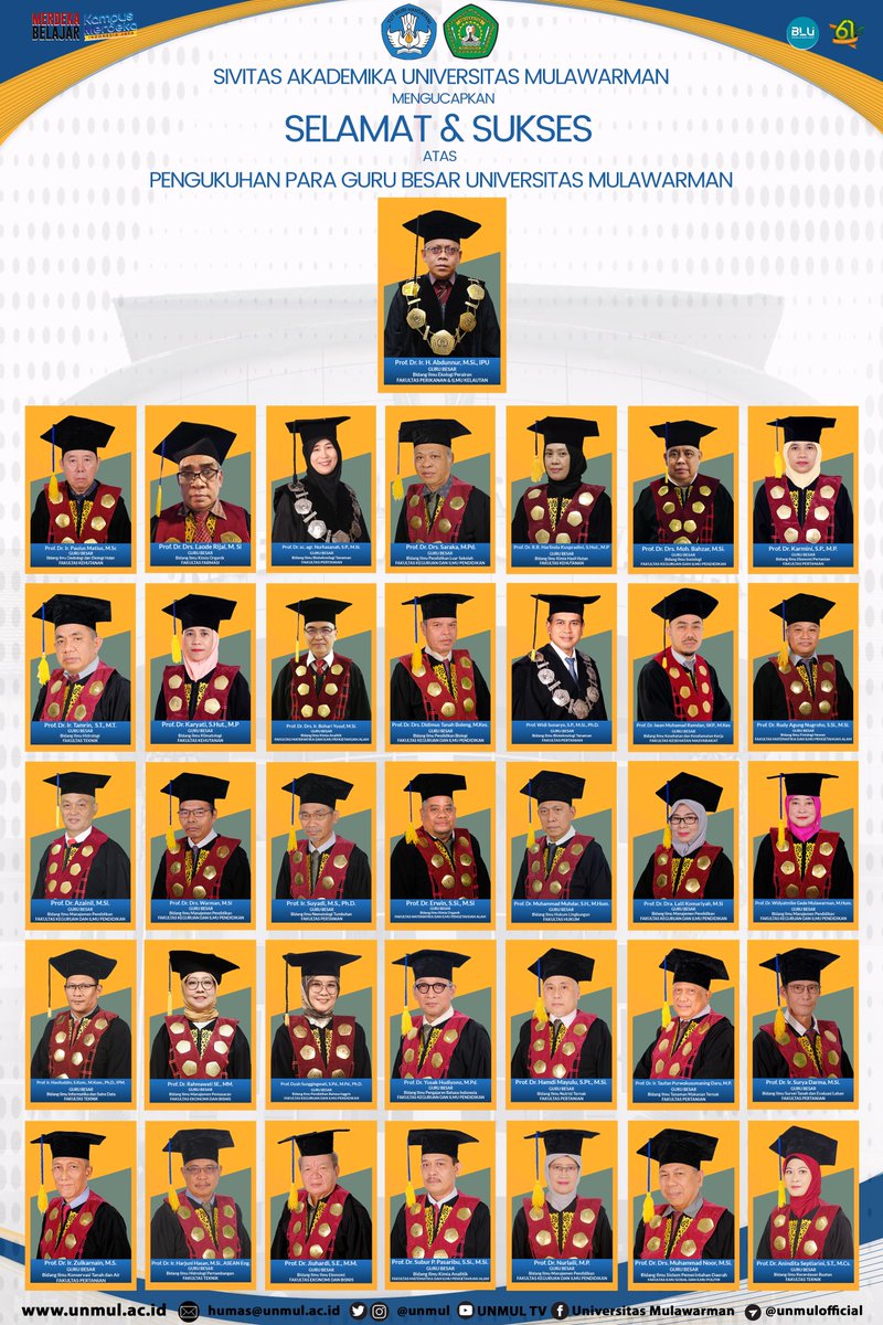 #SivitasUNMUL mengucapkan Selamat dan Sukses kepada 36 Tenaga Pendidik yang telah meraih gelar Guru Besar/Profesor dibidangnya masing-masing.

Semoga ilmu yang diterima dapat memberikan sumbangsih pemikiran dalam membangun negeri melalui pendidikan.

#UNMULHebat #UNMUL #Profesor