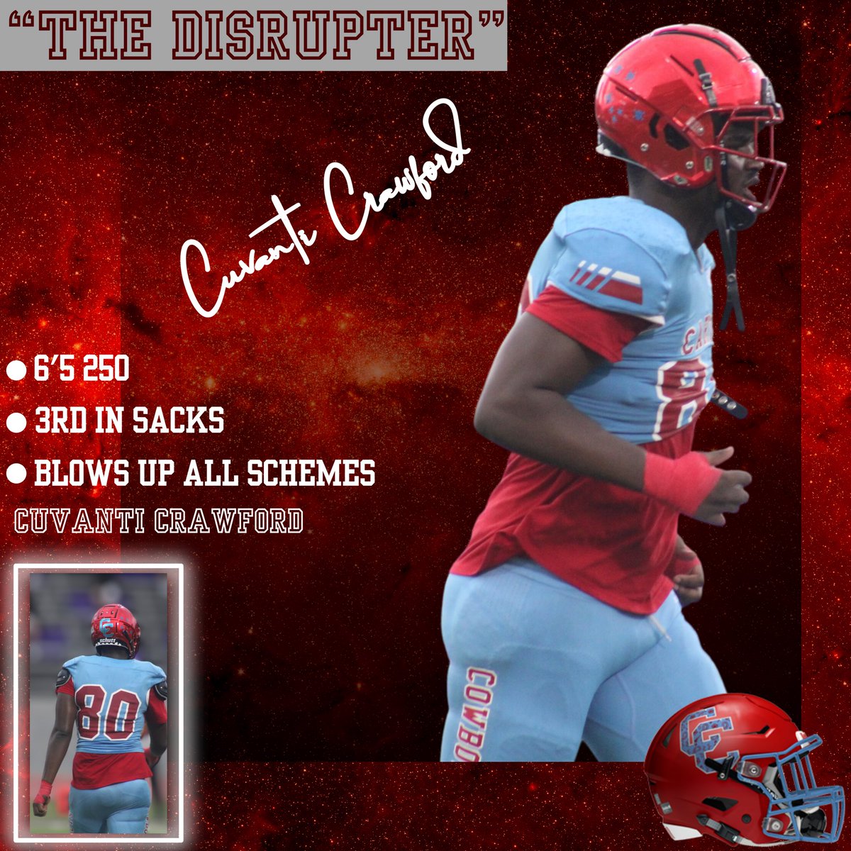 User: <a href="/CuvantiCrawfor1/">Cuvanti_Crawford</a> 

Pos: DE

Grad Year: 2025

An absolute terror on any Zone or Gap scheme team. A 6’10 wingspan, looking to break the sack record set at Dallas Carter. 

Recruit the M.⚡️.B 

hudl.com/v/2LcD72