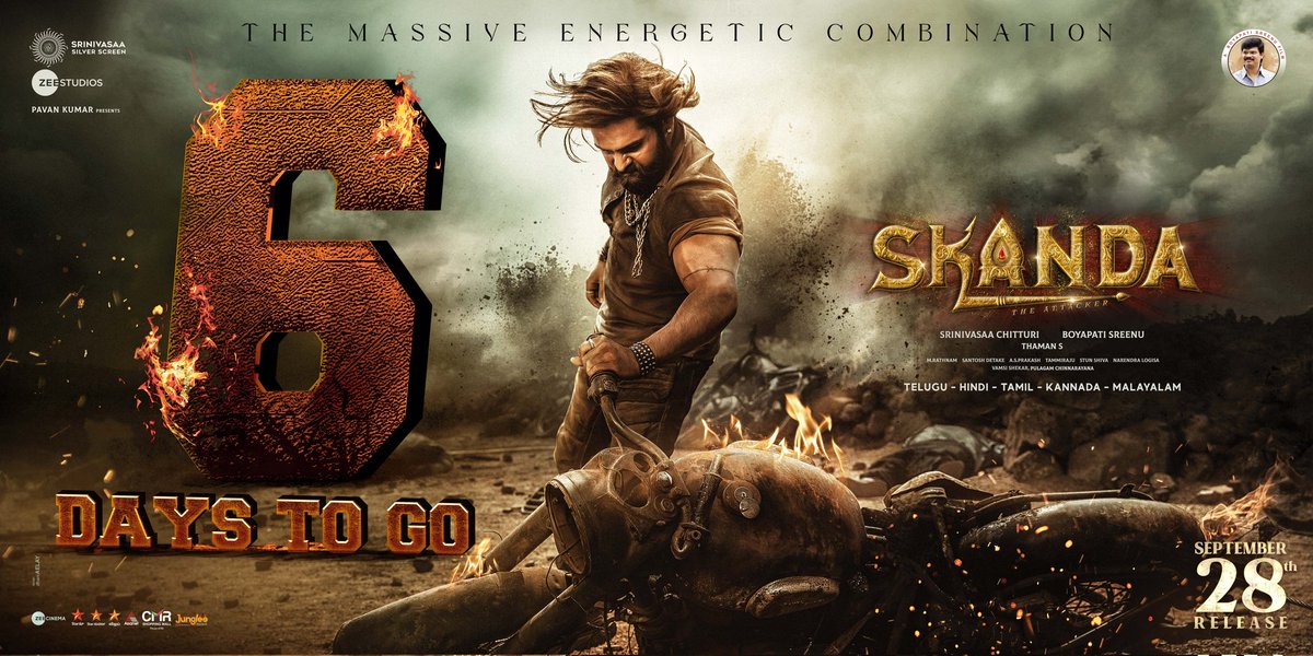 SkandaOffl's tweet photo. A Massive Attack &amp;
Unlimited Mass show of #Skanda ❤️‍🔥

6 Days to go for the grand release 🥁 💥

#RAPOMass #SkandaOnSep28 

Ustaad @ramsayz @sreeleela14 #BoyapatiSreenu @saieemmanjrekar https://t.co/JX6NrwvmXz