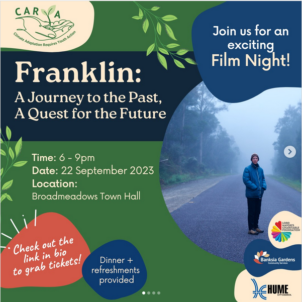 #FranklinRiverMovie will screen tonight at the #broadmeadows Town Hall with the <a href="/banksiagardens/">banksiagardens</a> CARYA community. Tix are available and include dinner, the film and a recorded intro by Producer Chris Kamen. Funds raised will support CARYA greening projects. events.humanitix.com/carya-film-nig…