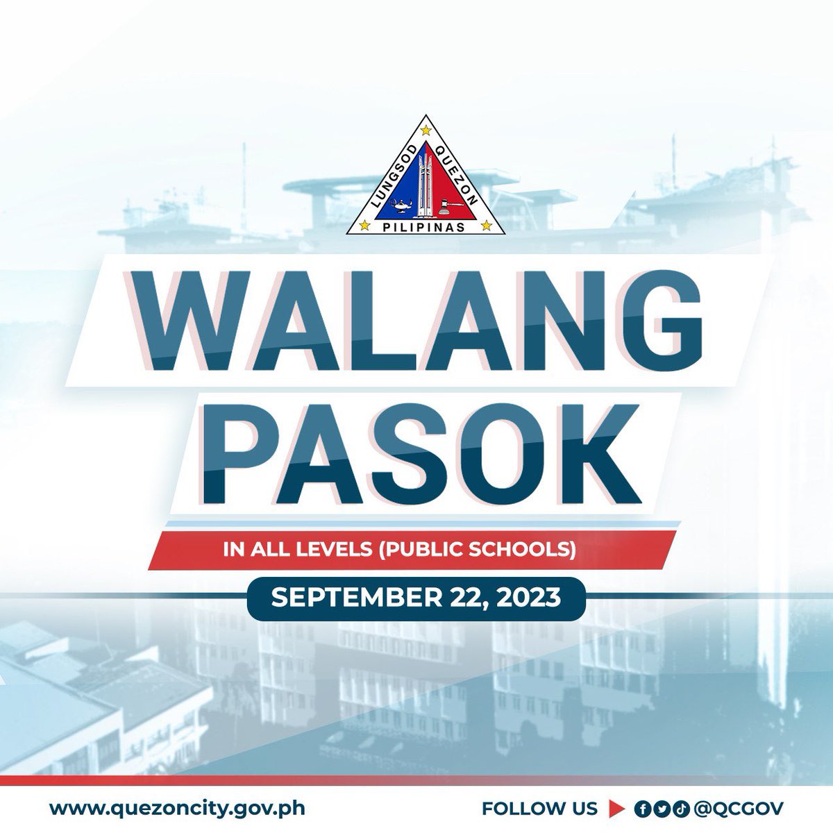 QCGov's tweet photo. #WALANGPASOK |  Batay sa rekomendasyon ng Quezon City Disaster Risk Reduction and Management Office (QCDRRMO), suspendido ang panghapong klase sa lahat ng antas sa pampublikong paaralan sa lungsod September 22, 2023 dahil sa volcanic smog formation. https://t.co/PXSGA6gO7N