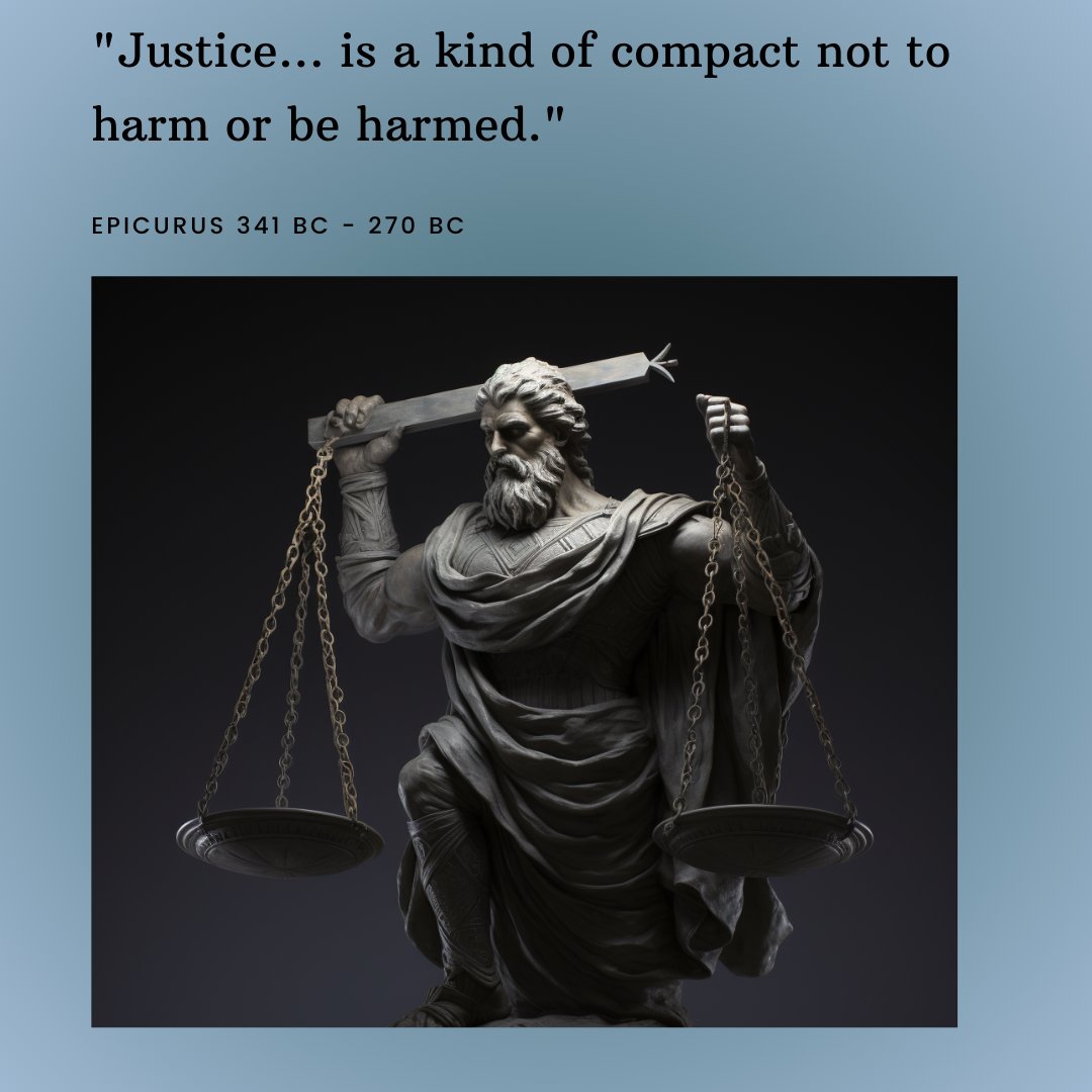 SchoolOfStoics's tweet photo. Justice is a mutual agreement not to harm or be harmed. It's the social contract that holds communities together. #stoicism #stoic #stoicquotes #epicurus https://t.co/SNMU6bmWiy