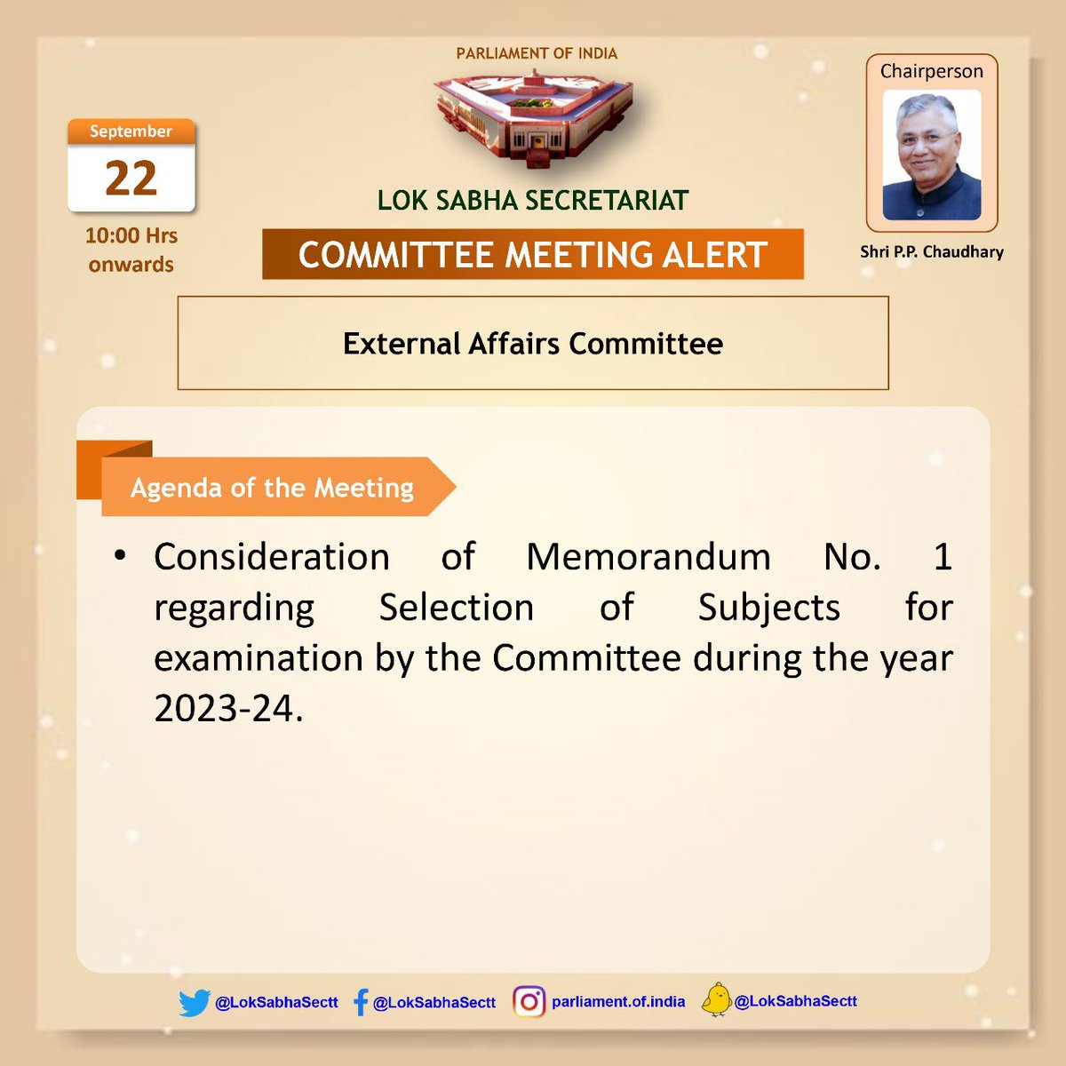 LokSabhaSectt's tweet photo. The Committee on External Affairs is scheduled to meet today to consider Memorandum No. 1 regarding Selection of Subjects for examination by the Committee during the year 2023-24.
#CommitteeMeetingAlert https://t.co/394nvH5wIk