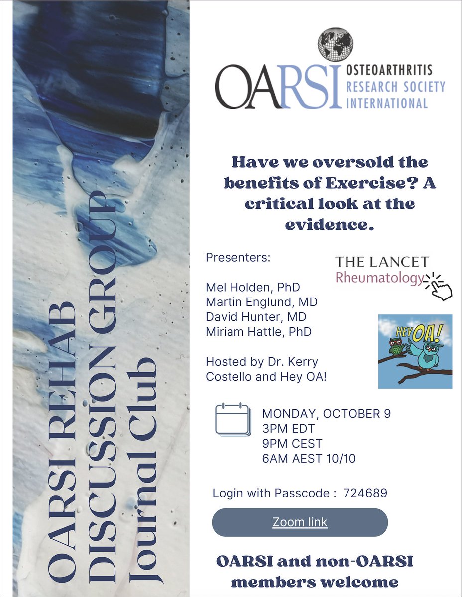 CHESM (@chesm_unimelb) on Twitter photo Upcoming <a href="/OARSInews/">OARSI</a> Rehab Discussion Group Journal Club!
Have we oversold the benefits of #exercise? A critical look at the evidence
Hear from:
Prof Mel Hodlen
Prof <a href="/dr_englund/">Martin Englund</a>
Prof <a href="/ProfDavidHunter/">ProfDavidHunter</a>
Dr <a href="/MiriamHattle/">Miriam Hattle</a>
Zoom link: ahint.zoom.us/j/86889452620?… Upcoming <a href="/OARSInews/">OARSI</a> Rehab Discussion Group Journal Club!
Have we oversold the benefits of #exercise? A critical look at the evidence
Hear from:
Prof Mel Hodlen
Prof <a href="/dr_englund/">Martin Englund</a>
Prof <a href="/ProfDavidHunter/">ProfDavidHunter</a>
Dr <a href="/MiriamHattle/">Miriam Hattle</a>
Zoom link: ahint.zoom.us/j/86889452620?…