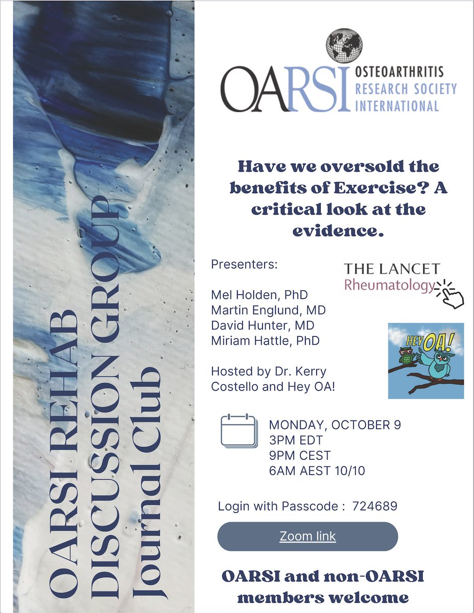 Upcoming @OARSInews Rehab Discussion Group Journal Club! Have we oversold the benefits of #exercise? A critical look at the evidence Hear from: Prof Mel Hodlen Prof @dr_englund Prof @ProfDavidHunter Dr @MiriamHattle Zoom link: ahint.zoom.us/j/86889452620?…