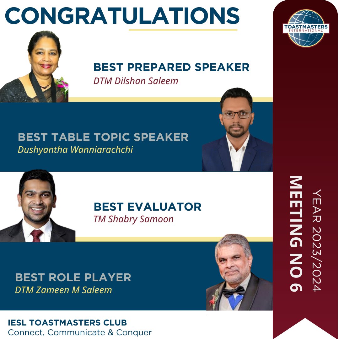 Congratulations!!! 🎉
Let's give a big shoutout to the best players of our sixth educational meeting of the year 2023/2024! 👏✨
#toastmasters #winners