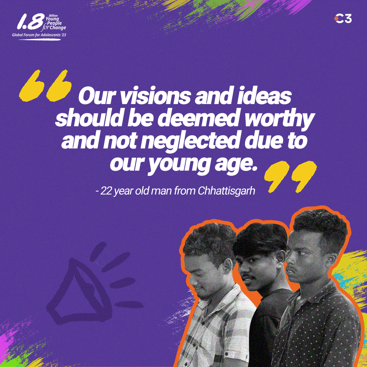 c3_india's tweet photo. Listen to what young people in India have to say for their aspirations and better future.

C3, in partnership with @PMNCH has gathered the voices of 130,000 young people from across India for #WhatYoungPeopleWant, a global campaign that aims to translate the voices of young people into concrete action.

Join the world’s largest gathering for adolescent well-being. Click here to register and find out more: https://t.co/oDgbw0nu7a
.
.
.
.
#youth #youngpeopleforchange #adolescenthealth #adolescents2030 #1point8