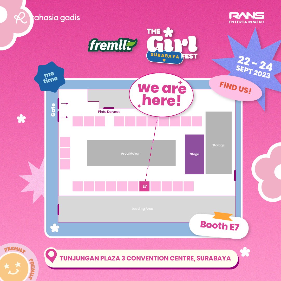 HARI INI BGT‼️‼️
Find us on booth E7 F&amp;B corner fren🥳 

See you there!! #thegirlfest #rahasiagadis #ransentertainment #jajaransfest #nagitaslavina #cipung #surabaya