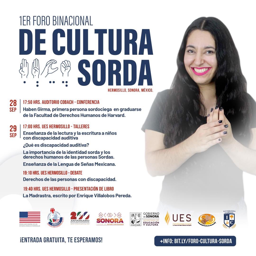 comunsordahmo's tweet photo. Conoce el programa del Primer Foro Binacional de Cultura Sorda, en el Marco del 200 Aniversario de las Relaciones Diplomáticas México - Estados Unidos 🇲🇽🇺🇸

🗓️28 y 29 de septiembre de 2023.
📍Hermosillo, Sonora.
✍️ https://t.co/C4WxWqcbC2

#PrimerForoBinacionaldelaCulturaSorda https://t.co/KKjNQXETcZ