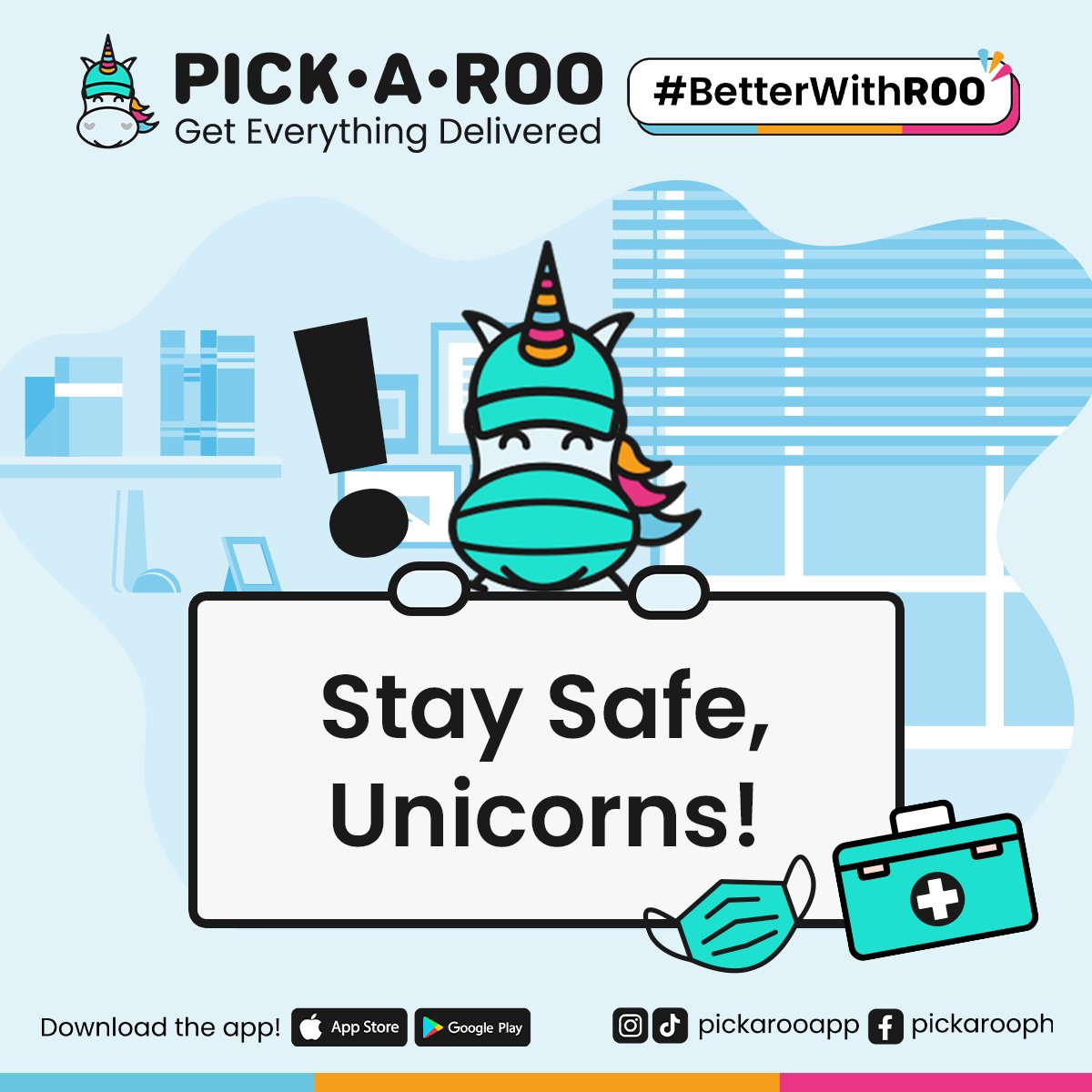 pickaroo's tweet photo. Time to mask up, unicorns! 😷

With Metro Manila and nearby provinces experiencing high levels of Volcanic Smog (VOG), Roo is encouraging everyone to stay indoors, wear a face mask, and stay hydrated.

Plus, for all your grocery &amp; other needs, Pick.A.Roo is here

#PickARoo #VOG https://t.co/ZNKmYM96VN