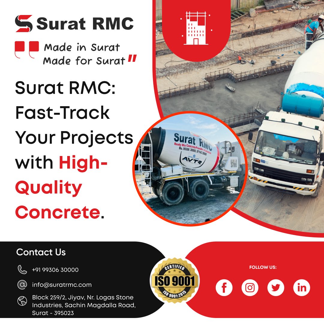 🌟 Elevate Your Projects with Surat RMC! 🌟

When quality is non-negotiable and time is of the essence, choose Surat RMC. 🏗️

#SuratRMC #QualityConcrete #SuratBuilders #ElevateYourProjects #SuratPride