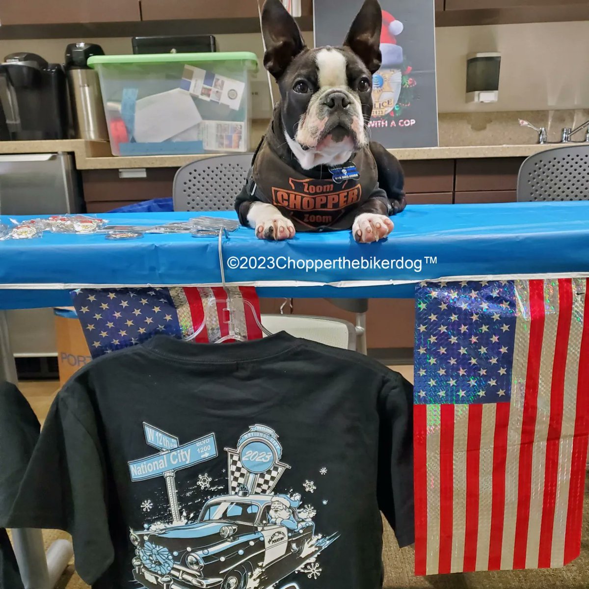 ChopperBikerDog's tweet photo. Fun time at the @EscondidoPolice station. Attending the #ShopWithACop fundraising BBQ w/ @STAR_PAL. Little Chopper Jr. even got 2 hang out &amp; have lunch w/ the Police chief &amp; staff 👍👮💙 
#MakingADifference  #Bikerdog #ItsAllAboutTheKids #ChopperJr  #LittleChopper #Chopper https://t.co/vh4JlHJD4e