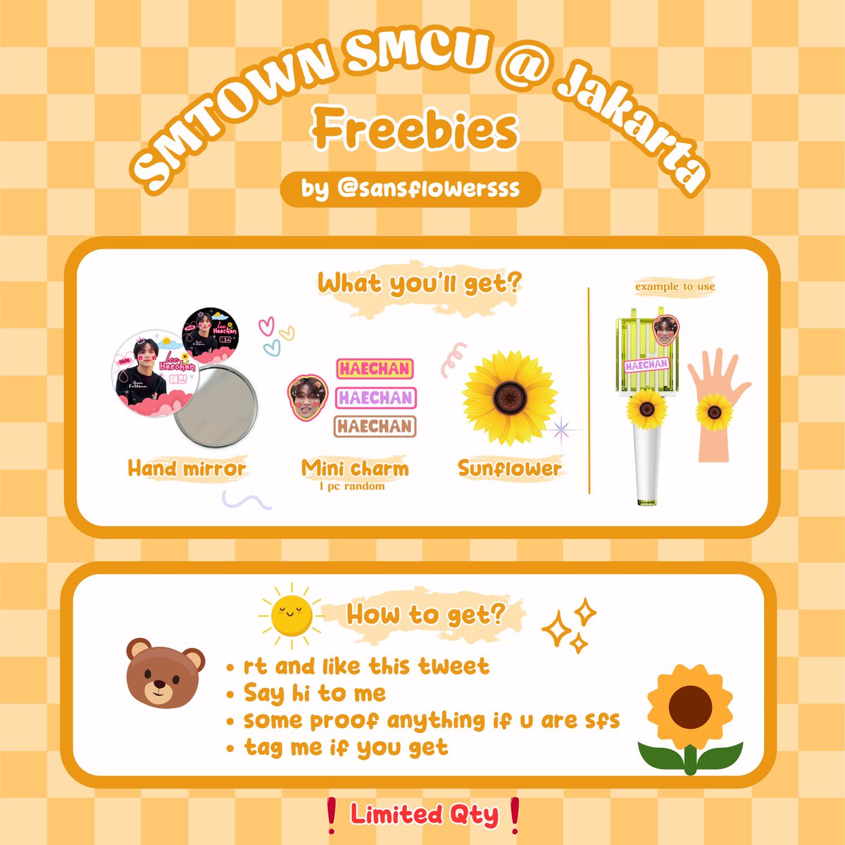 sansflowersss's tweet photo. ♡ SMTOWN SMCU @ Jakarta ♡
freebies by @sansflowersss 
for sfs/haefs only🐻🌻

rt &amp; likes are very appreciated!<3

🗓️ 23/09/23
📍GBK
🕐 TBA

see youuu🫣 

‼️ limited qty ‼️

#SMTOWNJAKARTA2023
#SMTOWN_LIVE_2023_JAKARTA https://t.co/VUimo5IpjH