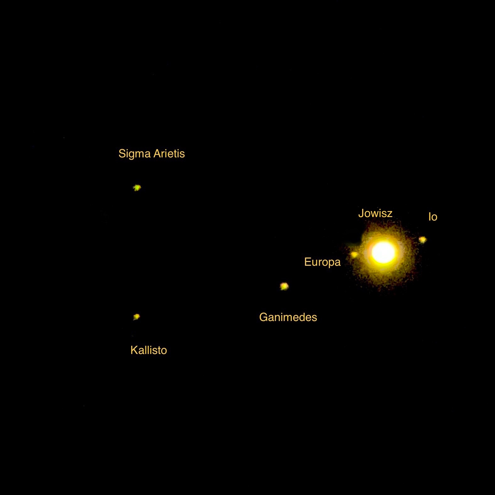 Jupiter and the Galilean moons (Callisto, Ganymede, Europa, Io) and the star Sigma Aries, captured on September 21, 2023 at 00:03 (CEST).