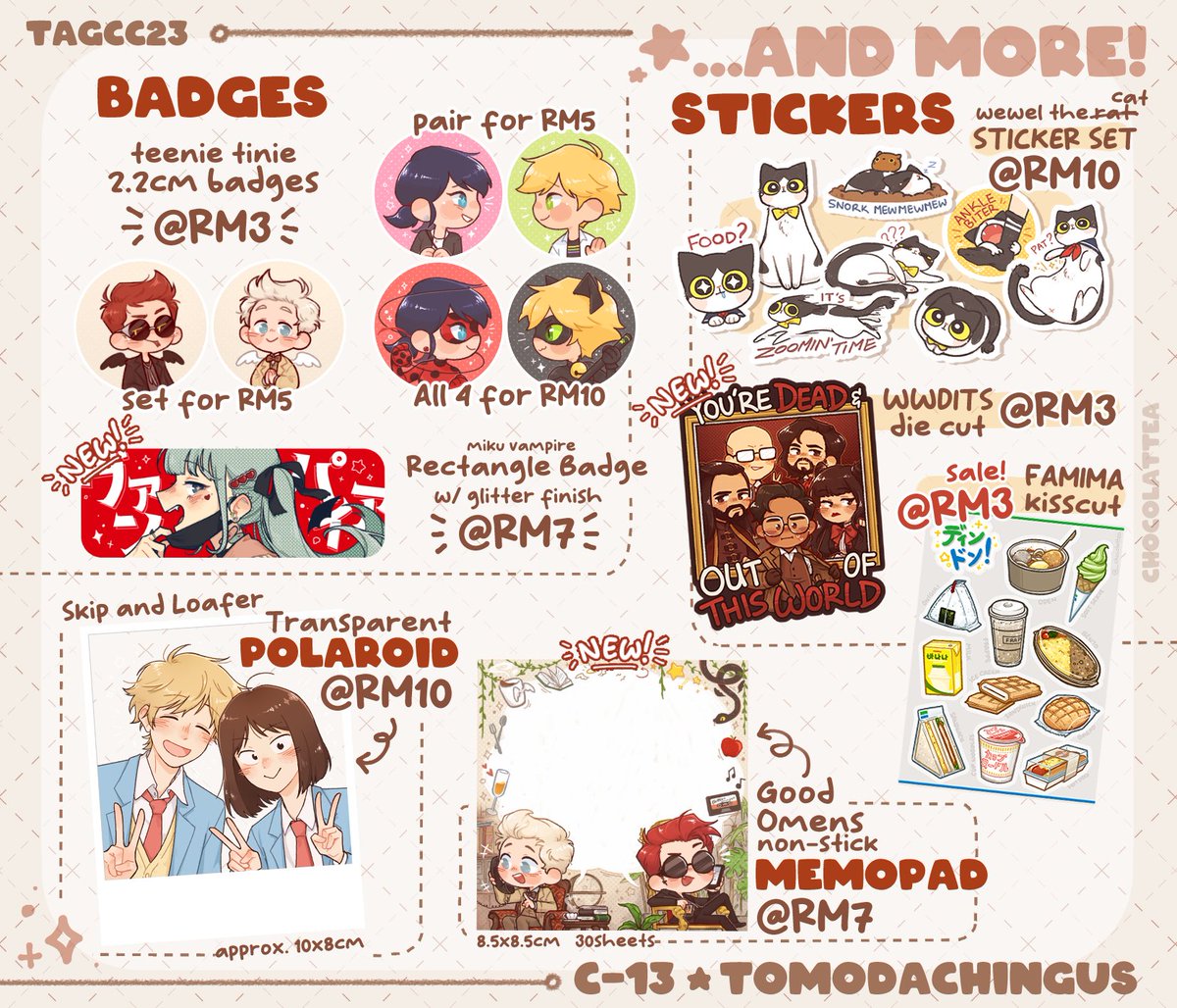 herro everynyan ✨️
here's my catalog for #tagcc2023 !!!

this time @wilkinleeart is joining me, @a_liottr, and @pistchachios at C-13 Tomodachingus ✨️

got a new merchs but sadly couldn't get the spiderverse stuffs restocked rn 🥹 cosmic hopefully!

sEE YALL THERE !!!!💖💖💖 