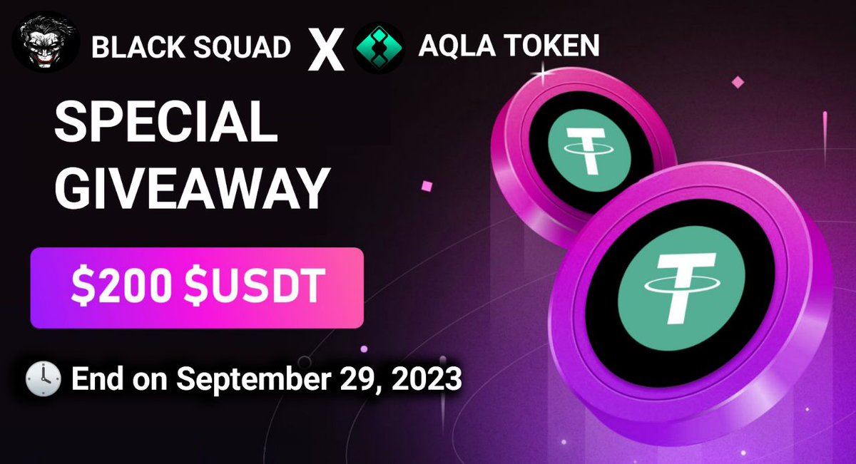 🥳 Black Squad X AQLA
 #Giveaway 

🏆 Prize - $200 $USDT

To Enter
✅Follow <a href="/AQLA_Token/">Aqualibre</a>
✅RT &amp; Tag 3 Friends
✅Complete #Form
forms.gle/UCvt3q61muguKf…

#Airdrop #Giveaways #Crypto #Airdrops #BTC #AQLA #squad #cryptomarket #1000x #bsc #black_squad #news #USDT #cryptotrading #PEPE
