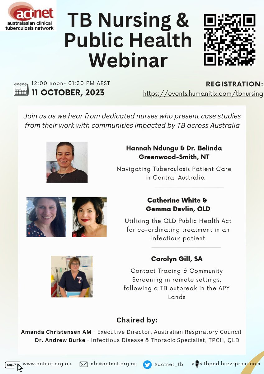 Announcing the ACTnet TB Nursing &amp; Public Health Webinar, featuring three case discussions from TB management across Australia
🗓️ Wed Oct 11, 2023
⏰12 noon - 1:30 PM AEST (Syd/Melb time, GMT +10:00)
RSVP at: events.humanitix.com/tbnursing