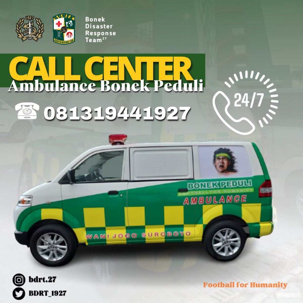 BDRT_1927's tweet photo. Jika dulur dulur Bonek maupun masyarakat yang membutuhkan transportasi bantuan medis atau ambulance bisa segera menghubungi Call Center kami di 0813-1944-1927

Bakti bonek untuk rakyat.

#footballforhumanity
#bonekpeduli
#greennord
#bonekdisasterreaponseteam https://t.co/IlU0QvzXpj