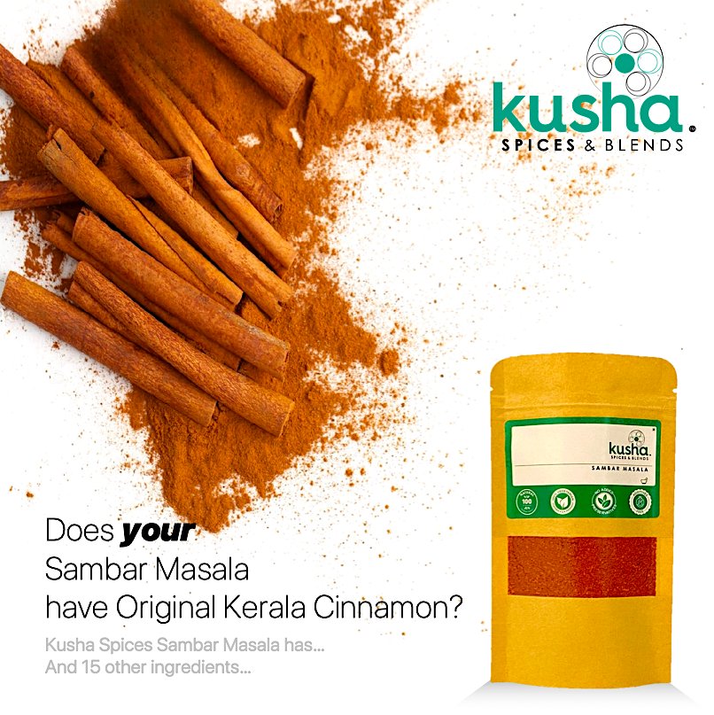 kushaspices's tweet photo. That sharp and spicy taste of Indian Sambhar not mellowed, but further accentuated by the addition of Original Kerala Cinnamon. A proprietary recipe. Kusha Spices Sambhar Masala. Buy today on https://t.co/z7kWAvikUb or call us at +919136729391 https://t.co/LEyo0b6bEw