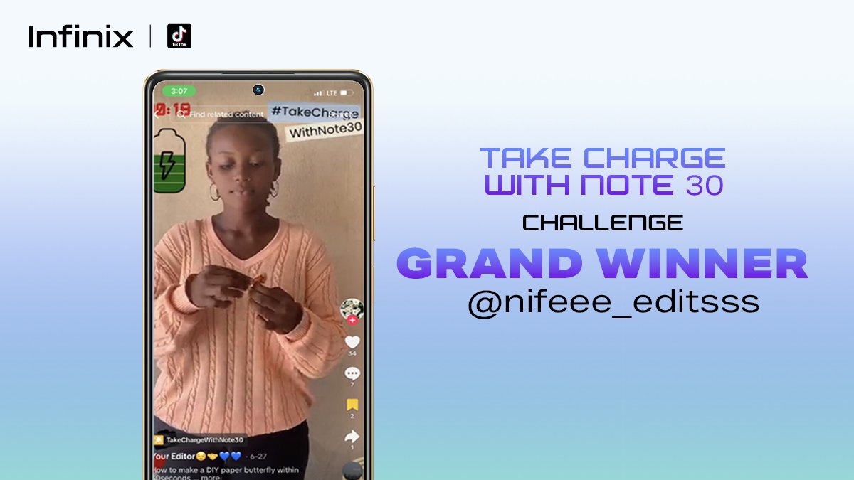 InfinixNigeria's tweet image. And the winner take the spotlight!! 🥇

We are glad to announce Nifeee_editsss as winner of our #TakeChargeWithNote30 competition.

She has won a brand new Infinix Note 30 smartphone for herself after a rigorous selection process.

Don't miss out on other  competitions from us.