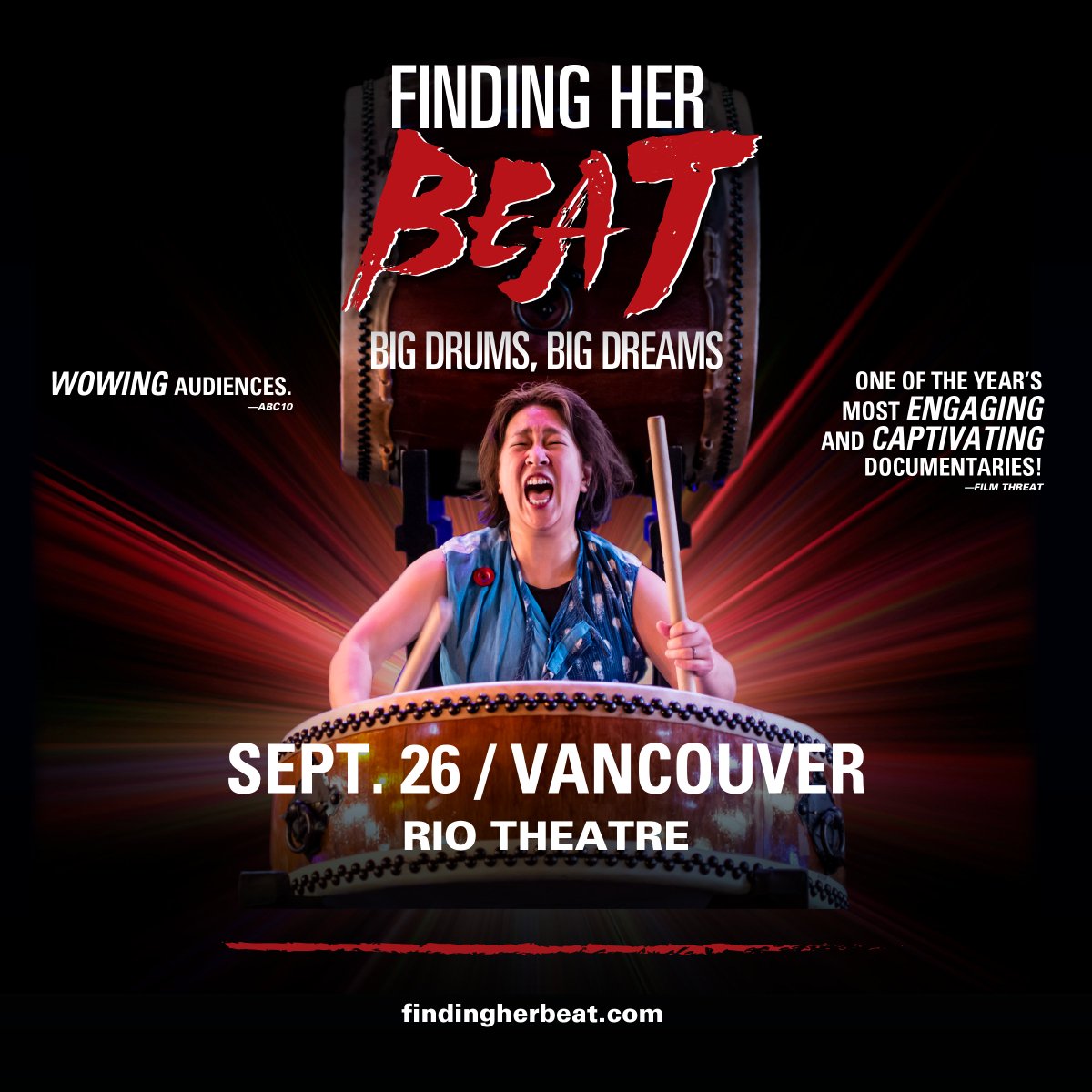 Tues Sept 26th at Rio Theater at 6:30PM for a special screening of the documentary feature film, FINDING HER BEAT. Uzume Taiko will be also be performing! TIX: riotheatretickets.ca/events/27935-f…