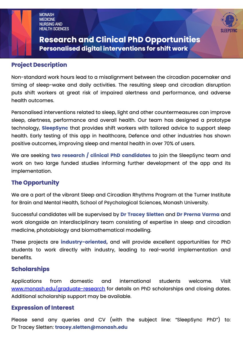 Prerna Varma, PhD (@pvarma_sleep) on Twitter photo PhD Opportunity
Interested in leading industry-wide change in sleep, performance and health? Join our team <a href="/MonashSleepLab/">MonashSleepLab</a> on projects related to personalised sleep programs, digital interventions in workplace. Please spread the word.
<a href="/turnerinstitute/">Turner Institute for Brain and Mental Health</a> <a href="/tracey_sletten/">Tracey Sletten</a> PhD Opportunity
Interested in leading industry-wide change in sleep, performance and health? Join our team <a href="/MonashSleepLab/">MonashSleepLab</a> on projects related to personalised sleep programs, digital interventions in workplace. Please spread the word.
<a href="/turnerinstitute/">Turner Institute for Brain and Mental Health</a> <a href="/tracey_sletten/">Tracey Sletten</a>