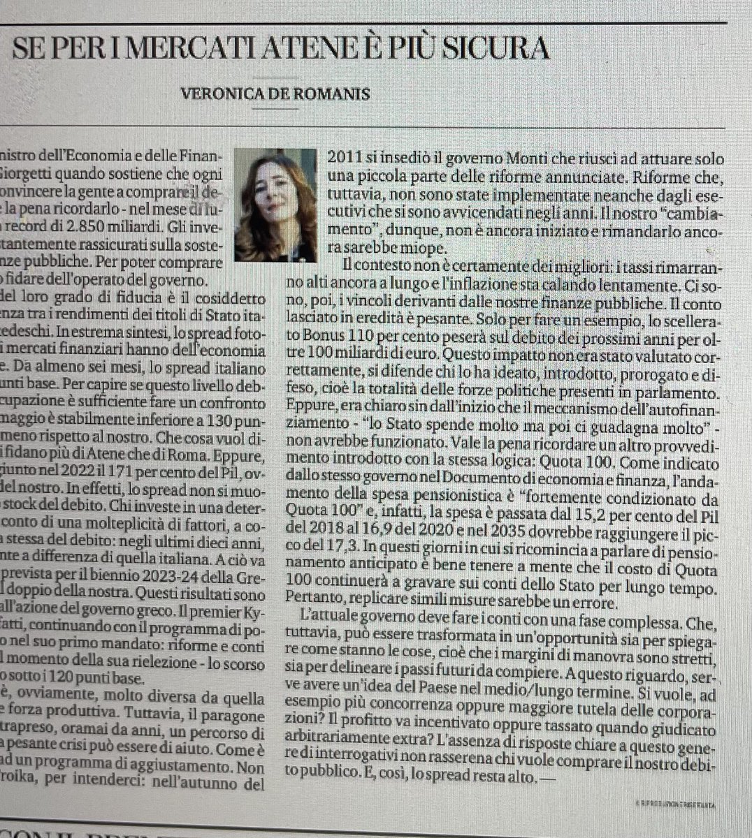 VeroDeRomanis's tweet photo. Mio art @LaStampa 
Spread ITA 160 pb, 40 + della Grecia. Ma, ns debito al 145%,  30 pp - della Grecia. Che succede? 
1) debito Grecia cala dal 2013, il ns no
2) crescita Grecia 2023-24 al 2%, noi 1%
3) Grecia: riforme 
Il ns “cambiamento” non è iniziato. Rimandarlo= +spread https://t.co/zUk8lx6Sm0