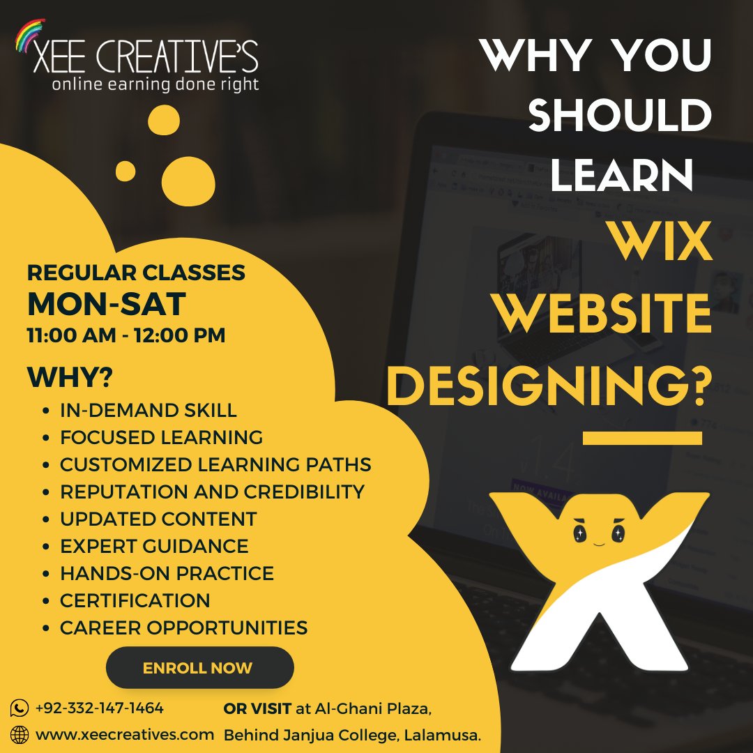 XeeCreatives's tweet photo. "📷 Master the Art of Web Design with Our Wix Course! 📷📷
Don't miss out on this opportunity!
📷 Our New Session Will Start On 1st Oct 2023
📷 Duration: 1 month
📷 Address: Alghani Plaza, Behind ID Janjua College Camping Ground Lalamusa.
 #WixCourse #WebDesignMastery #LearnWithU https://t.co/LiL8J9Y0Kt
