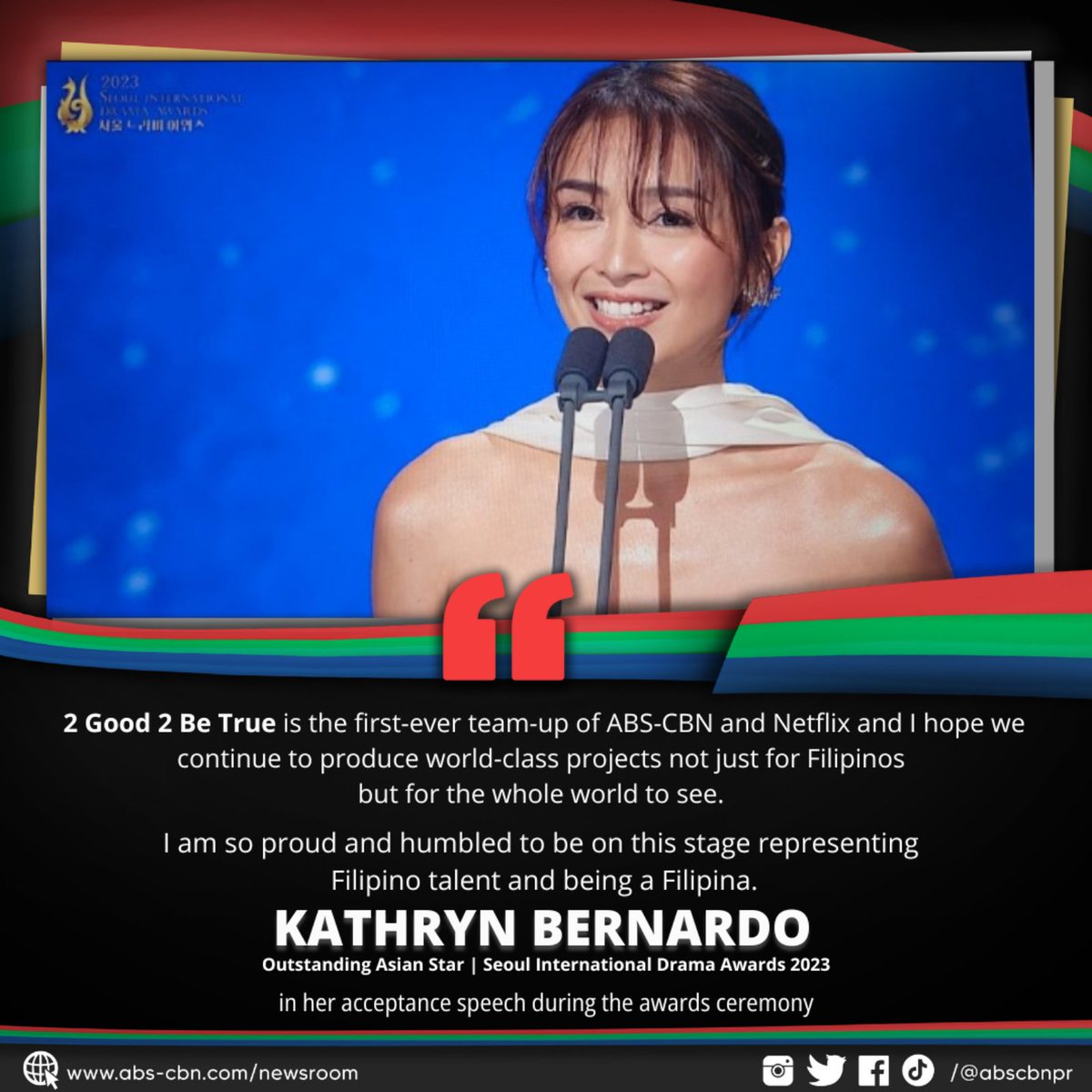 ABSCBNpr's tweet photo. Asia's Box Office Superstar Kathryn Bernardo is proud to represent Filipino talent in the international stage.

#KathrynBernardo #SDA2023 #ABSCBN #ABSCBNPR #Kapamilya https://t.co/zvuIvPXkXa