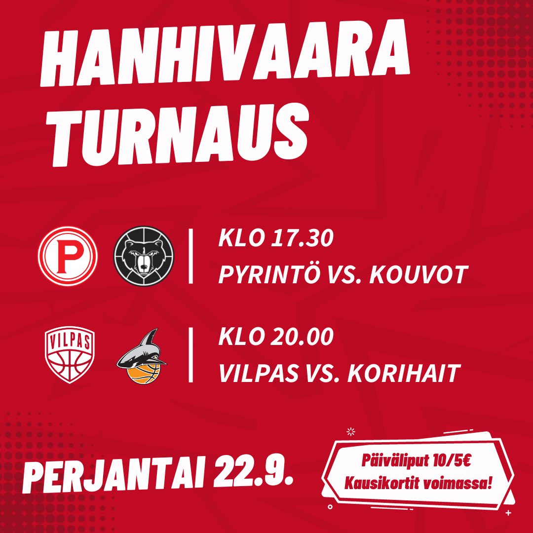 Hanhivaara-turnauksen ensimmäinen pelipäivä tänään Salohallissa! 🏀 

Päiväliput 10/5€ myydään ainoastaan ovelta. Kausi-, VIP-, ja seurakortit voimassa.

Tervetuloa Saloon <a href="/Kouvot/">Kouvot</a>, <a href="/TrePyrinto/">Pyrintö Basketball</a> ja <a href="/Korihait/">Korihait</a> 🤝🏻

#hanhivaaraturnaus #korisliiga
