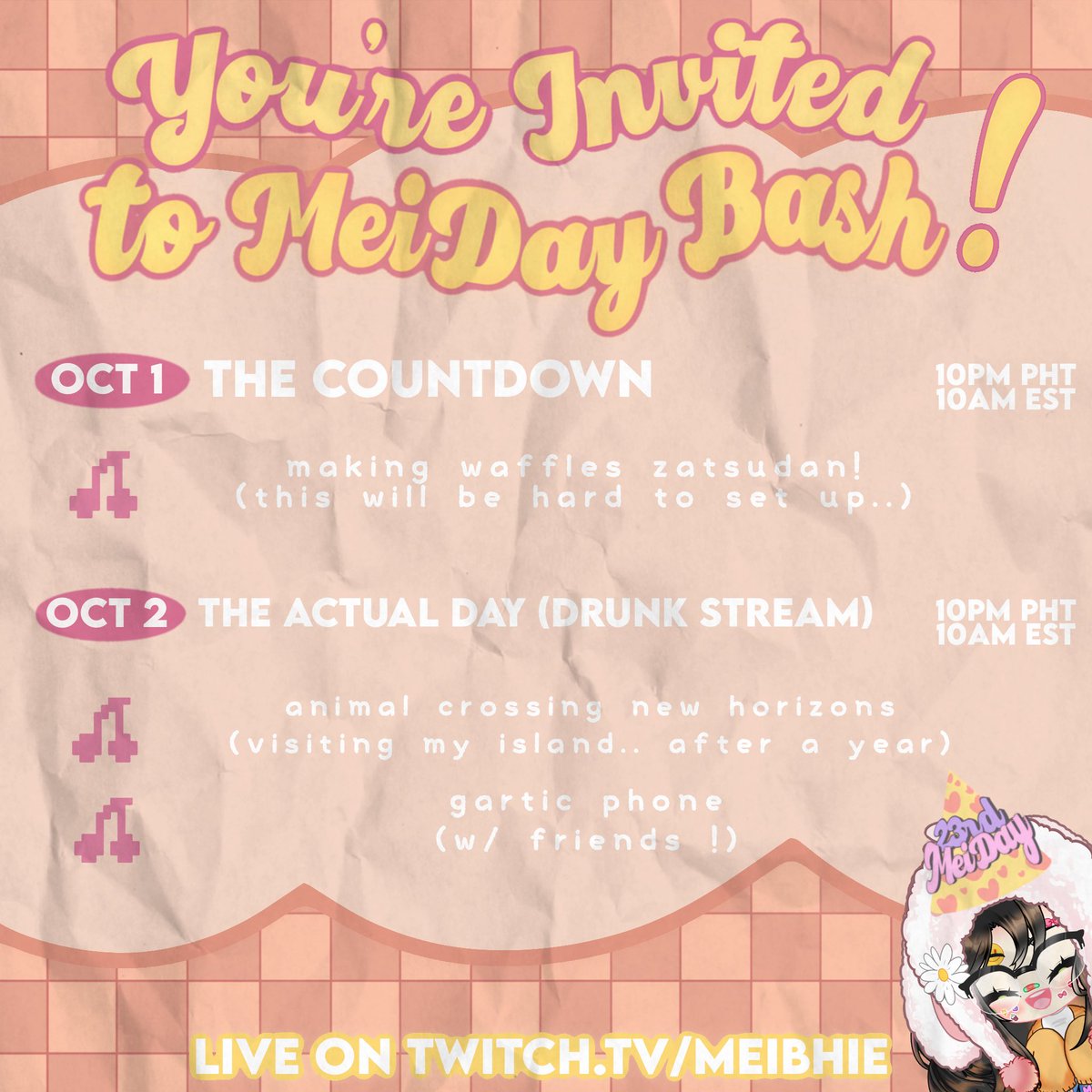 🎉 MEI ANNOUNCEMENT !! 🎉

if u see this post, u are INVITED TO THE #MEIBHIE MEIDAY BASH ! 🎂

so much fun things on OCTOBER 1 , the countdown stream & OCTOBER 2 , the birthday itself !!

hope to see u BHIEloveds 💖

#VTuber #ENVTuber #PHVTuber #VTuberUprising #BirthdayStream
