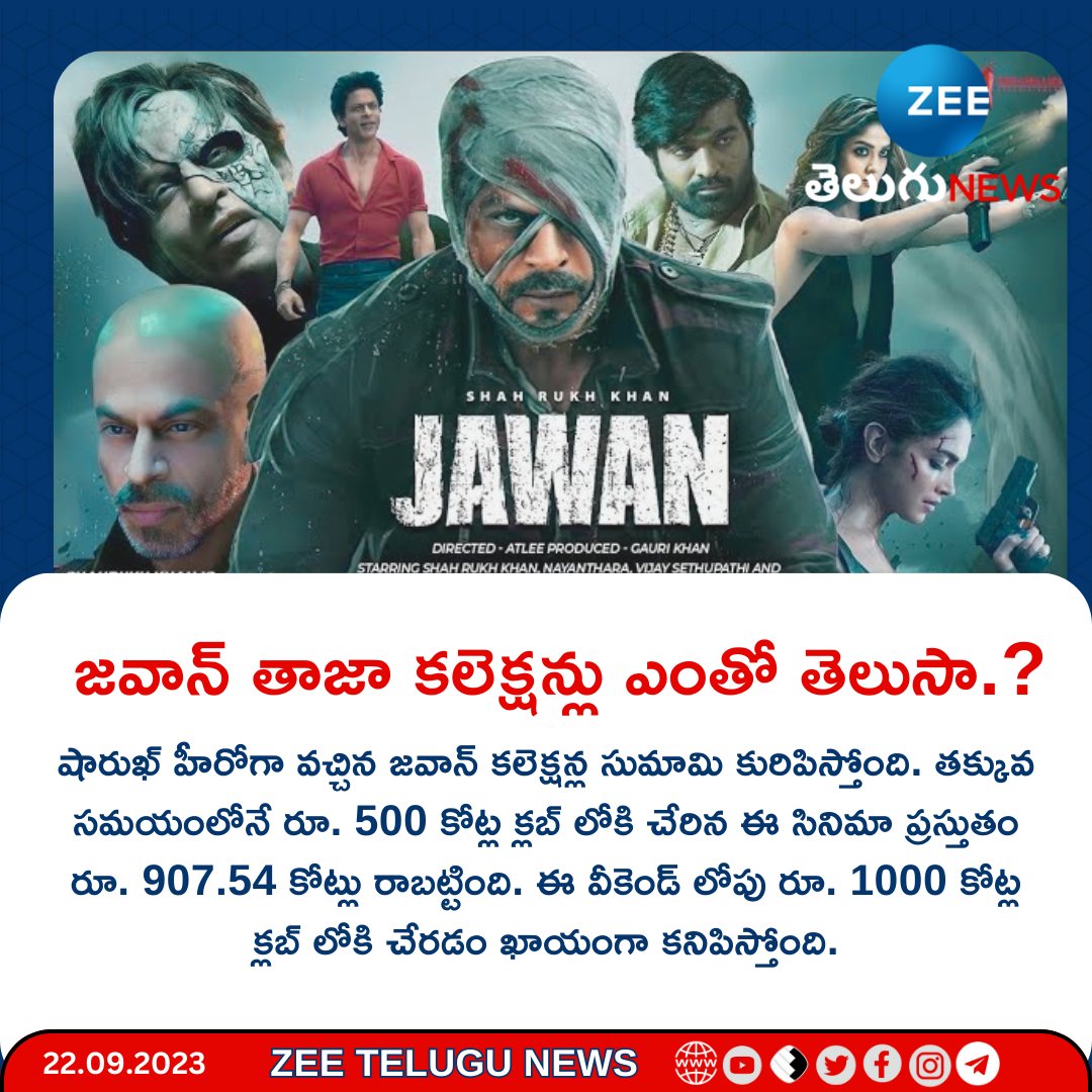 ZeeTeluguLive's tweet image. జవాన్ తాజా కలెక్షన్లు ఎంతో తెలుసా.?
@iamsrk @Atlee_dir @NayantharaU @VijaySethuOffl 
#JawanCollection #blockbuster #shahrukhkhan #Atlee #nayanathara #FilmUpdates