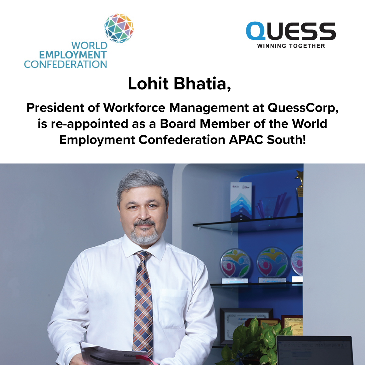 Quess_Corp's tweet photo. We're thrilled to announce that Lohit Bhatia, President of Workforce Management, Quess Corp, is re-appointed to the Board of the #WorldEmploymentConfederation, APAC South for a second term on this day in mid-September 2023.
#WorkforceLeadership #WEC #QuessCorp https://t.co/IJBBZm5JCy