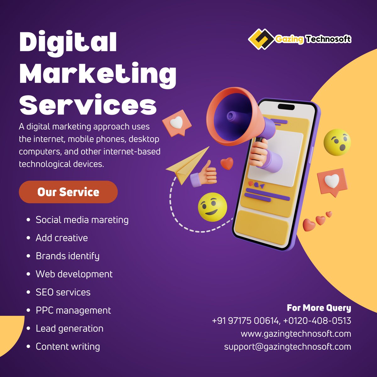 Boost Your Business with our Digital Marketing Services! 🚀💼
Ready to elevate your online presence? Contact us at support@gazingtechnosoft.com or visit our website gazingtechnosoft.com for more information. Let's make your digital dreams come true! 🌟📈
#DigitalMarketing