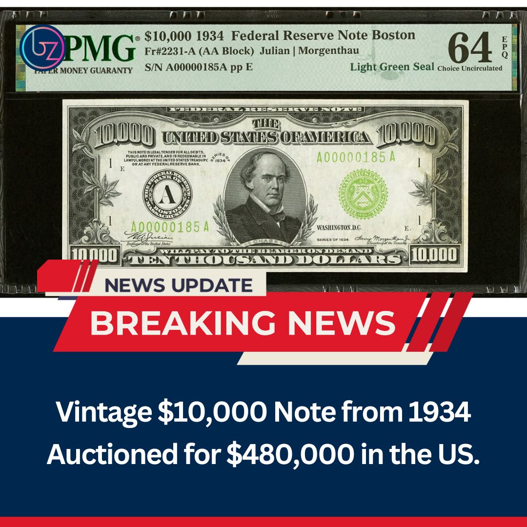 📜 A pristine $10,000 note from 1934 fetches a record-breaking $480,000 at auction! Featuring an image of Treasury Secretary Salmon P. Chase, this rare find proves the allure of historical currency. 

#TheBuzzNews #1934Note #VintageCurrency #AuctionRecord