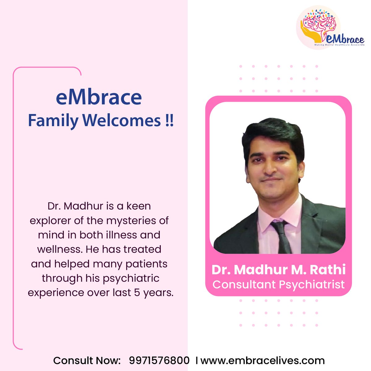 Meet our newest team member, Dr. Madhur M. Rathi, consultant psychiatrist at eMbrace Lives  Let's work together  to enhancing mental health and well-being.

#mentalhealthmatters #embracelives #welcomeaboard #MeetTheExperts #newhorizons

@DrMaddyRathi