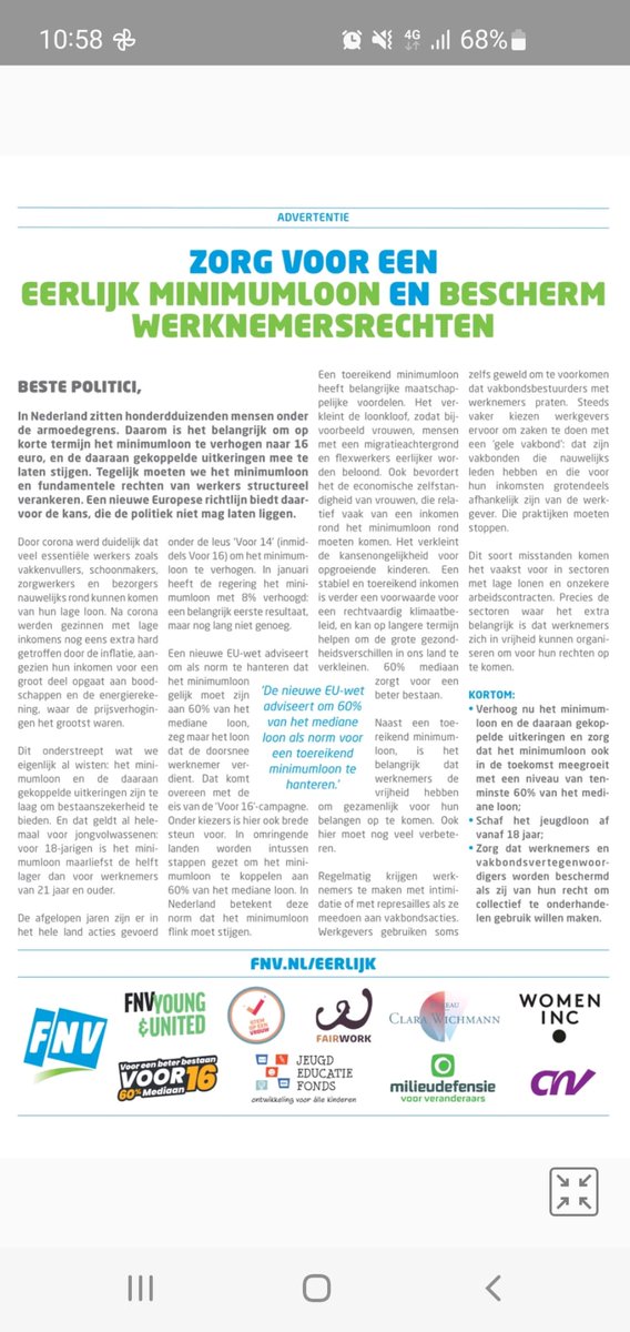 Vandaag staan we met <a href="/FNV/">FNV</a> en 8 andere maatschappelijke organisaties met een open brief in @Telegraaf voor een eerlijk minimumloon, afschaffing jeugdloon en bescherming werknemersrechten.

Een nieuwe Europese richtlijn biedt daarvoor de kans, die de politiek niet mag laten liggen.