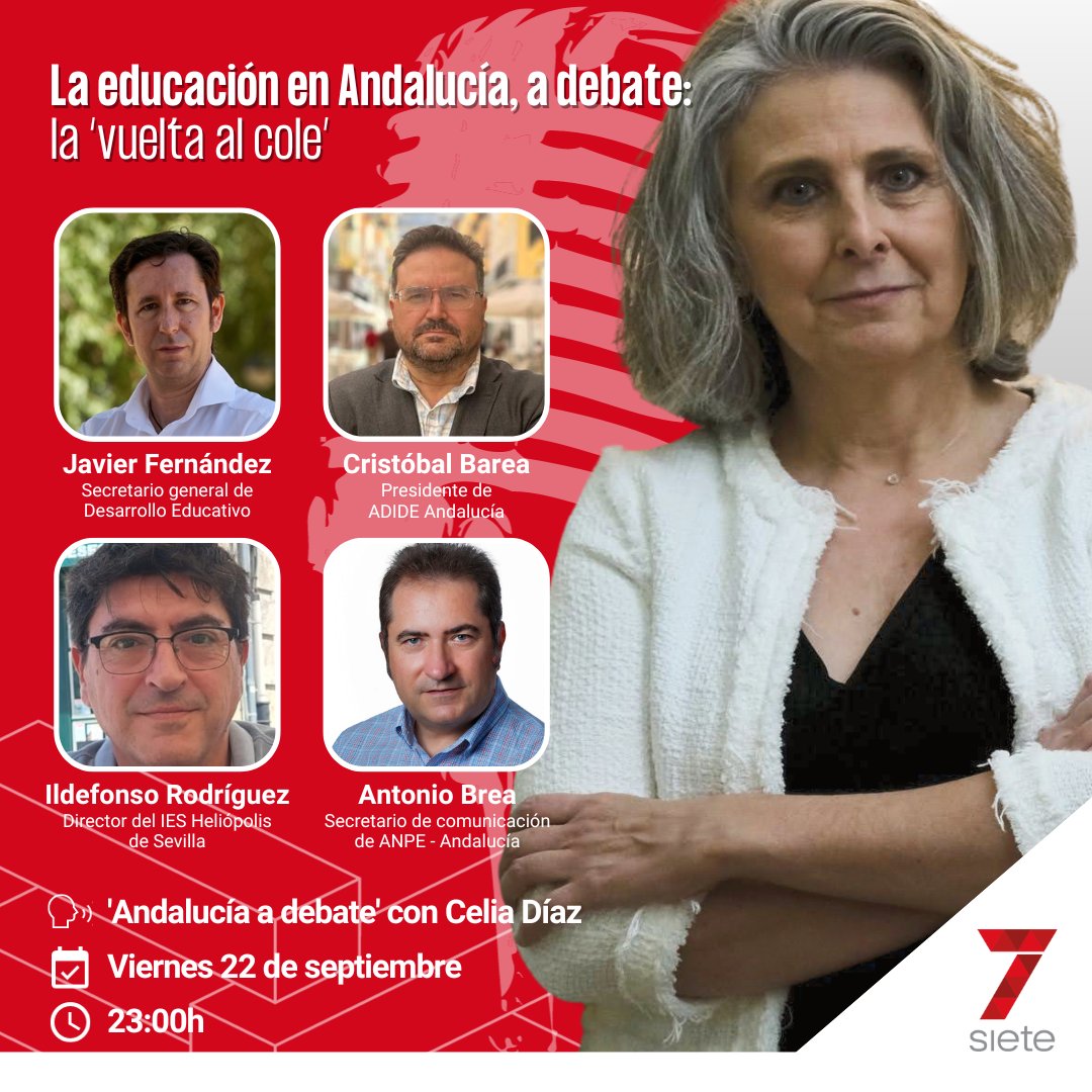📖 La #educación en #Andalucía, a debate 🔛

🔹 @javierfrancofer | <a href="/EducaAnd/">Consejería Desarrollo Educativo y FP</a>
🔹 <a href="/Cristobal_Barea/">Cristóbal_Barea</a> | <a href="/adideaA/">adideandalucia.es</a>
🔹 <a href="/alfonso_rb/">Ildefonso Rodríguez</a> | <a href="/iesheliopolis/">IES HELIÓPOLIS</a>
🔹 Antonio Brea | <a href="/anpeandalucia/">Anpe-Andalucía</a>

🗣️ #AndalucíaADebate con <a href="/celiaponfe/">Celia Diaz</a>
⌚️ Esta noche a las 23:00h 📲 7tvandalucia.es