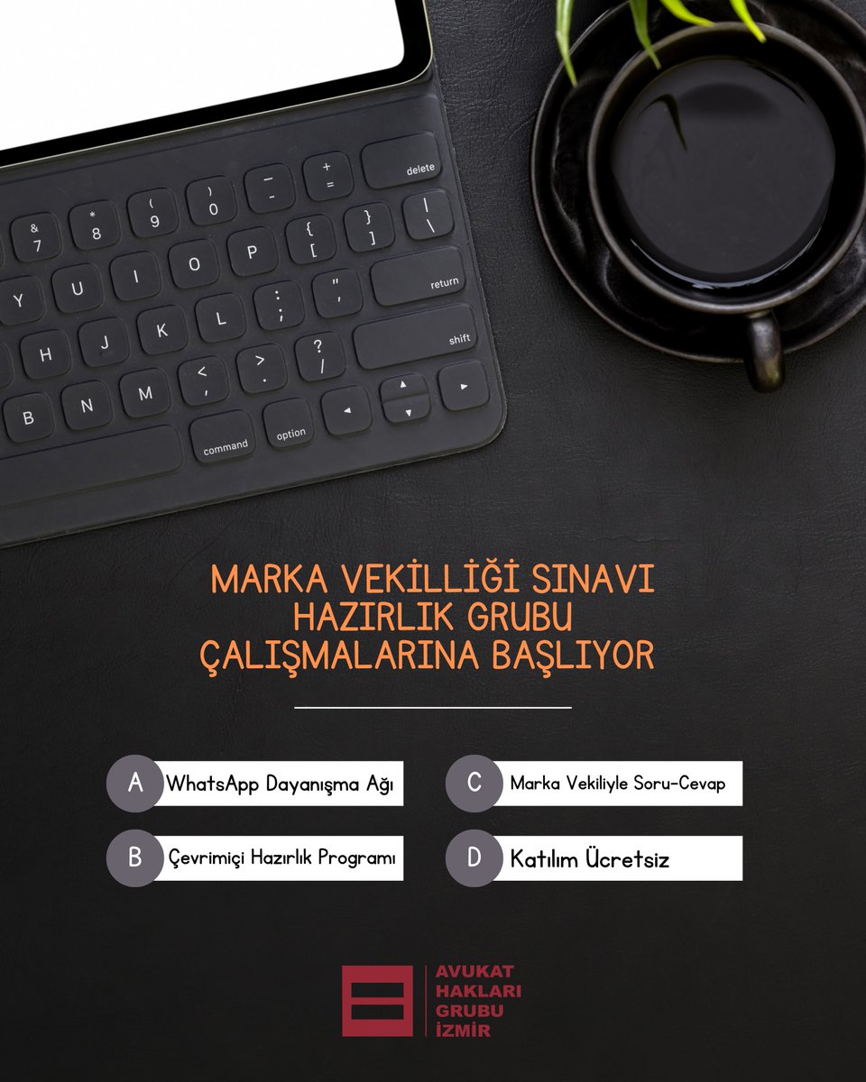 🔴 AHG İzmir olarak marka vekilliği sınavına girecek olan İzmir Barosu mensubu meslektaşlarımıza destek olmak adına çalışma grubu oluşturuyoruz.

🔴 Detaylar linkteki postun açıklamalar bölümünde 👇🏻

instagram.com/p/Cxfcug6I0iY/…