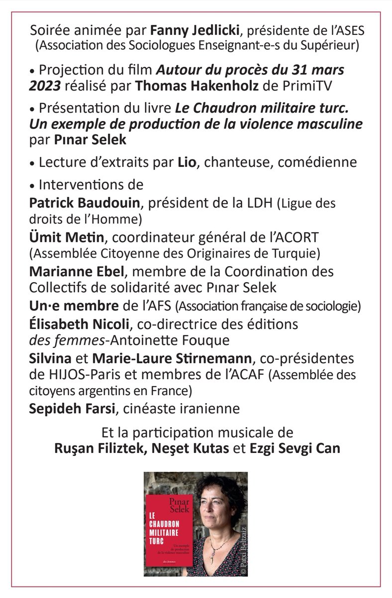 Le 27/09 à 19h à l'Hôtel de Ville de Paris se tiendra une soirée de soutien à notre collègue Pinar Selek, harcelée par les autorités turques depuis 25 ans. Venez nombreu·ses·x !