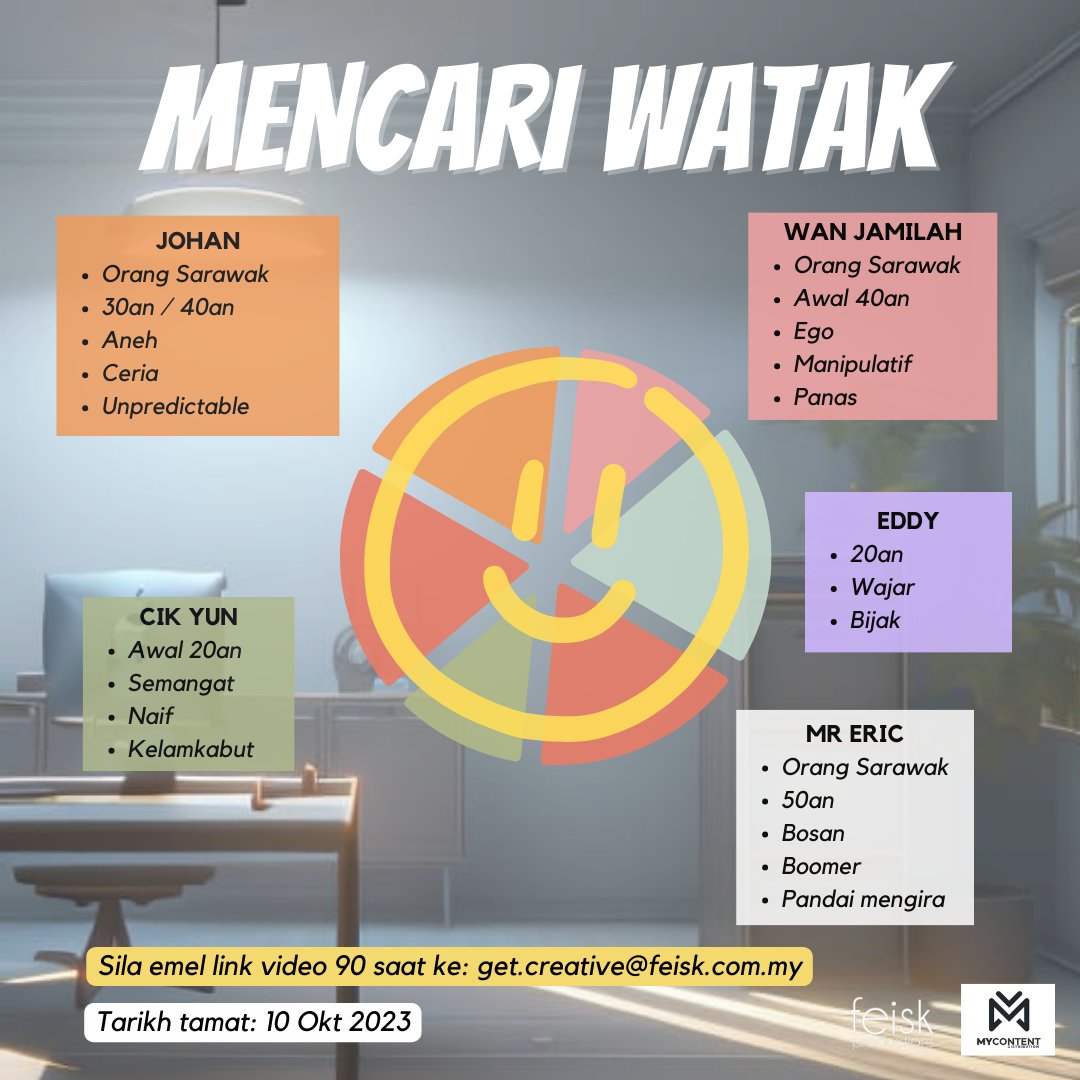 feiskfilms's tweet photo. UJIBAKAT PELAKON
'Jabatan Kegembiraan' sebuah TV siri komedi. Sila hantar link video monolog 90 saat ke get.creative@feisk.com.my.
Umur pelakon adalah bebas selagi boleh membawa watak berkaitan.
#feiskproductions https://t.co/dVd5GlzRLa