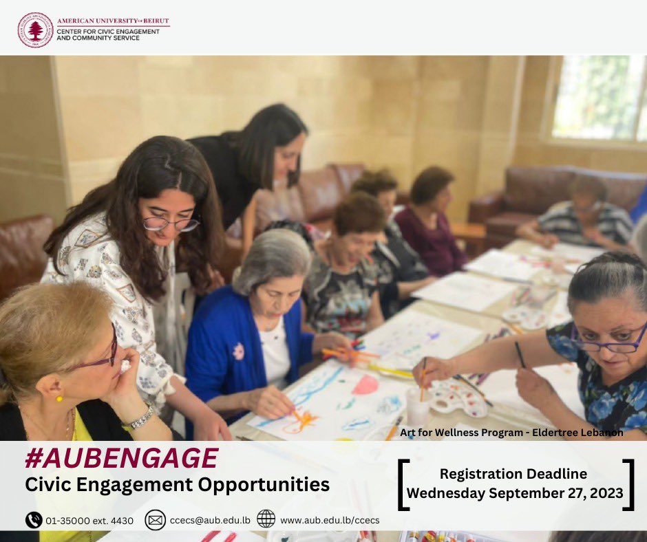 Center for Civic Engagement and Community Service (@ccecs_aub) on Twitter photo #AUBEngage: new civic engagement opportunities available for <a href="/AUB_Lebanon/">American University of Beirut</a> community with: <a href="/wya_mena/">WYA Middle East and North Africa</a>, MMKN, Shamaa, Khelkhal AUB, Red Oak Leb, CELIM Leb, <a href="/ngoLARAA/">LARA</a>, and <a href="/INTERSOSLebanon/">@INTERSOS_Lebanon</a>.
To register: bit.ly/48s9Zp6 #AUBEngage: new civic engagement opportunities available for <a href="/AUB_Lebanon/">American University of Beirut</a> community with: <a href="/wya_mena/">WYA Middle East and North Africa</a>, MMKN, Shamaa, Khelkhal AUB, Red Oak Leb, CELIM Leb, <a href="/ngoLARAA/">LARA</a>, and <a href="/INTERSOSLebanon/">@INTERSOS_Lebanon</a>.
To register: bit.ly/48s9Zp6