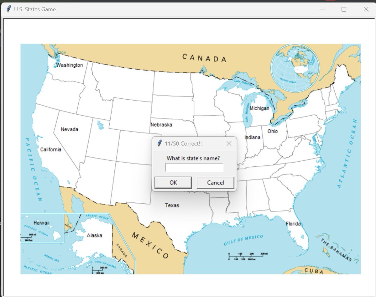Paddy57687398's tweet image. 🗺️ Day 25 of #100DaysOfCode: Just built an awesome state guessing game using the mighty Pandas library in Python! 🐼. Learning while playing is the best combo! 🌟💻 #PandasLibrary #GeographyGame #CodingFun #PythonGameStateGuessing