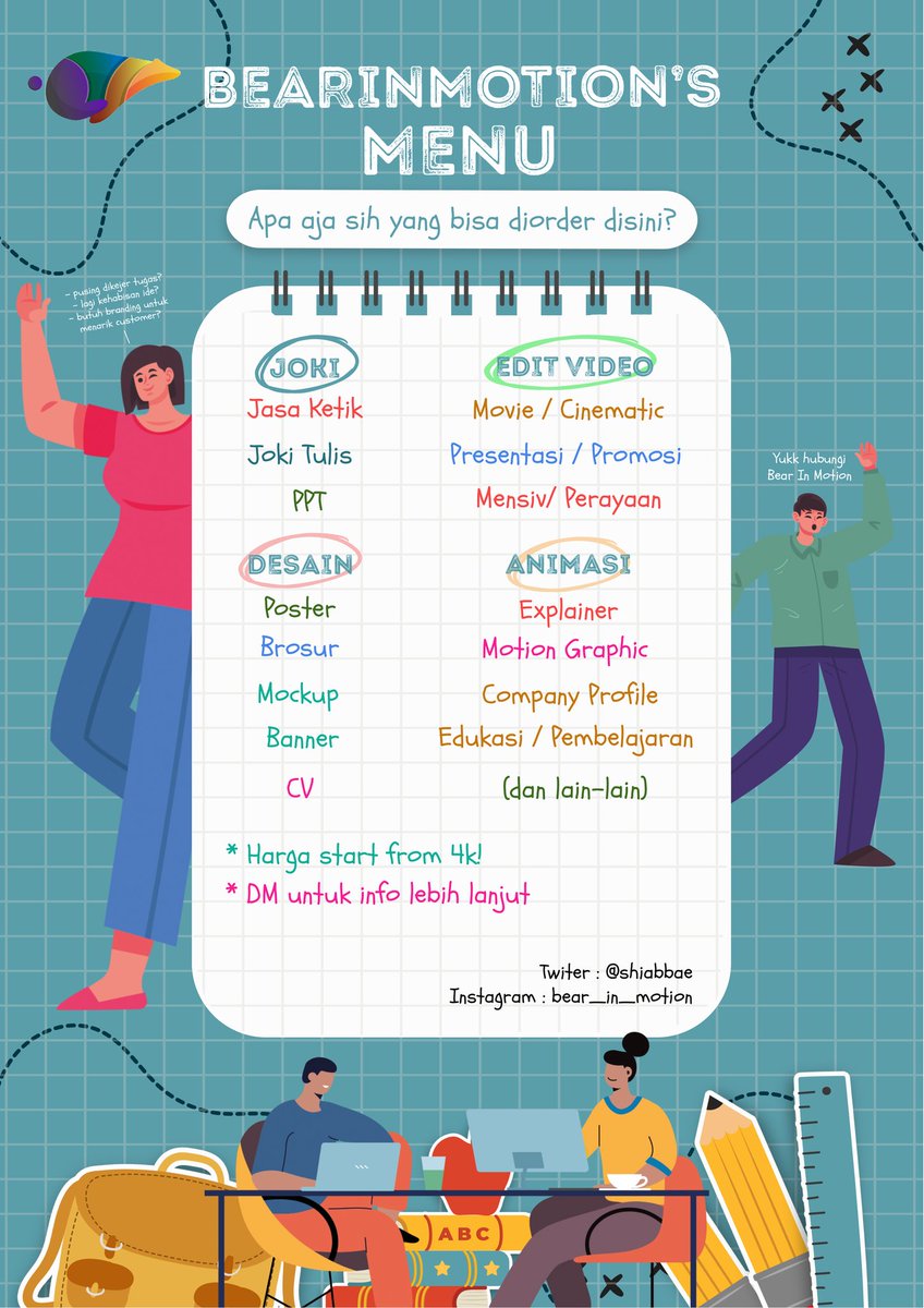shiabbae's tweet photo. joki tugas
jasa desain
Animasi
Explainer
Company Profile
Mockup
Desain
Ketik
Tulis Tangan
CV
Banner
Pamflet
Poster

Jasanyaa kaakakk 🥰

 tag. jasa desain animasi adobe corel tulis animasi design #zonaba #zonacuan #zonajajan #arenajoki https://t.co/FmaBXhvc8S