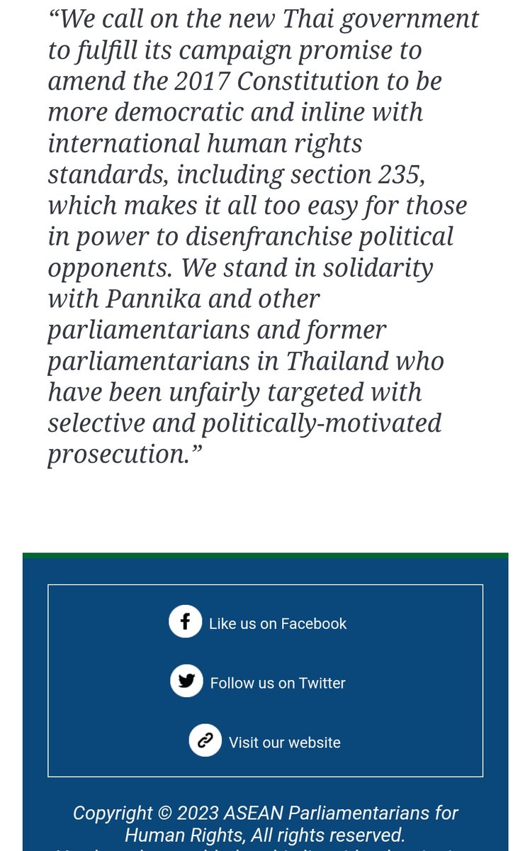 MayWongST's tweet image. .@ASEANMP condemns #Thailand court banning @ProgressiveThai @Pannika_FWP for life from running in election for breaching "ethical standards" for social media post 10 years ago. Calls verdict a "politically-motivated punishment". Urges new government to amend charter #ช่อพรรณิการ์