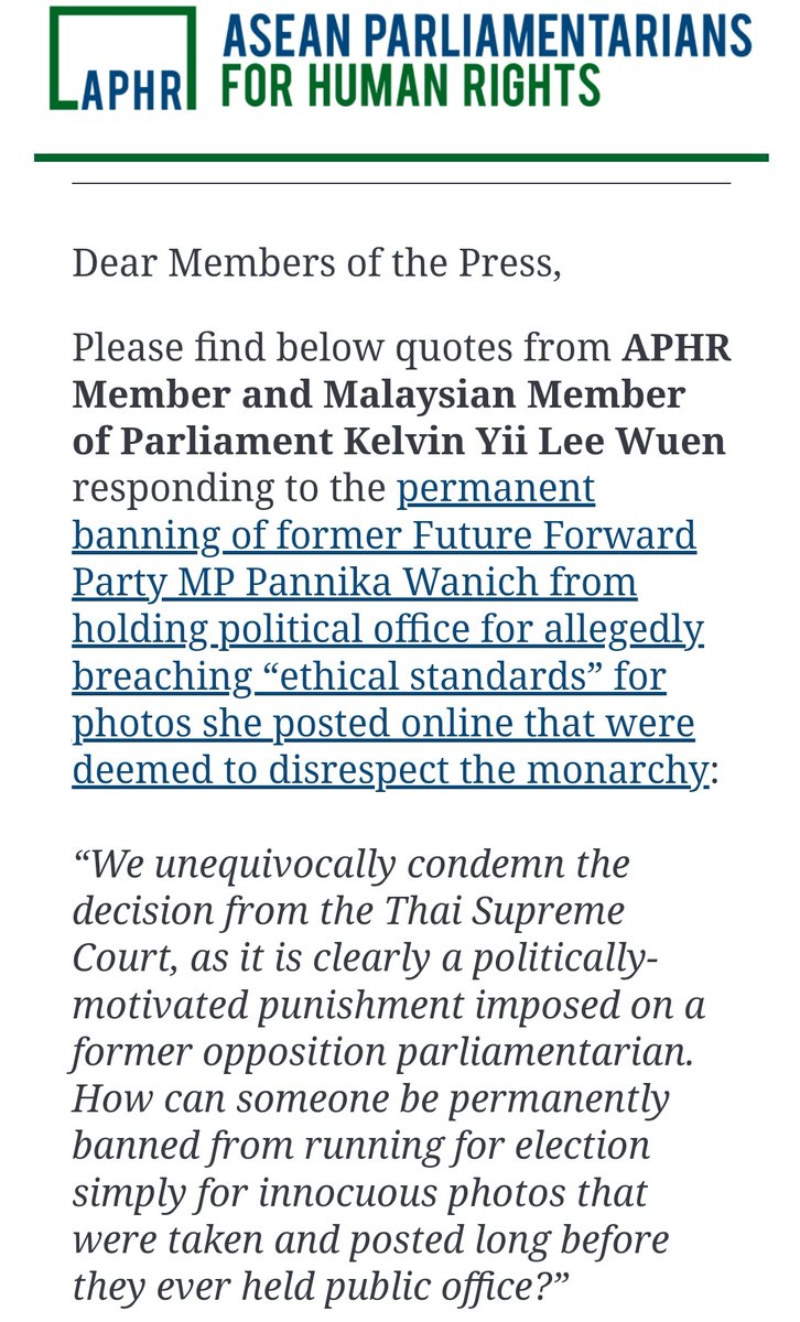 MayWongST's tweet image. .@ASEANMP condemns #Thailand court banning @ProgressiveThai @Pannika_FWP for life from running in election for breaching "ethical standards" for social media post 10 years ago. Calls verdict a "politically-motivated punishment". Urges new government to amend charter #ช่อพรรณิการ์
