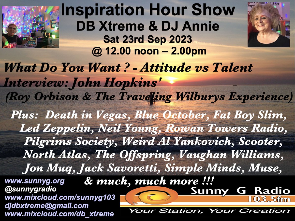 Tune into Insp Hour @SunnyGRadio 12.00 noon Sat: Scooter @blueoctober Fat Boy Slim, Led Zeppelin, Neil Young, @thecroupier1 Pilgrims Society, Weird Al Yankovich @north_atlas The Offspring @DIVofficial  Vaughan Williams @JonMuq @JackSavoretti @simplemindscom @muse & much more !!!